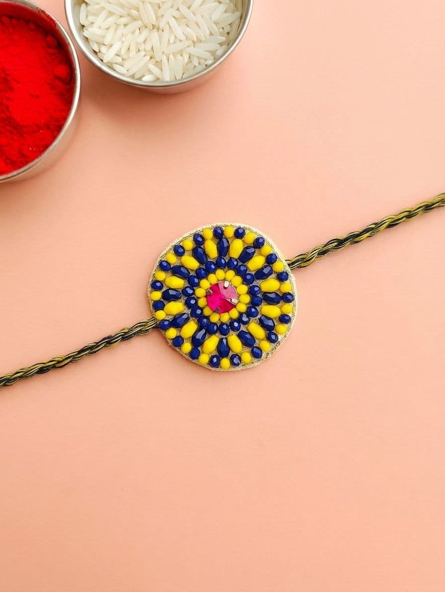 Blue-Yellow Handcrafted Rakhi 2026 for Brother: Unique & Custom Design
